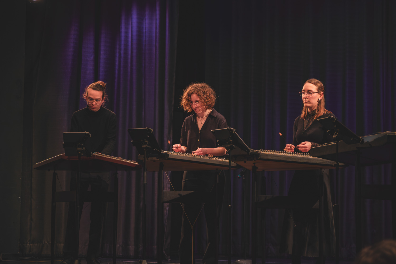 4 Hackbrettspielerinnen und Spieler auf der Bühne des Mareissaales